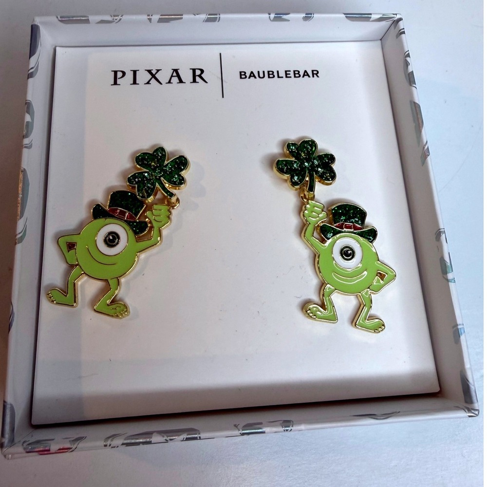 NIB Disney Pixar BaubleBar Mike Wazowski St Patrick's Day Earrings Monsters Inc